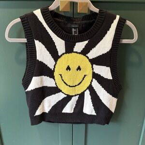 Forever 21 Black with a smiley face knitted crop tank womens size s